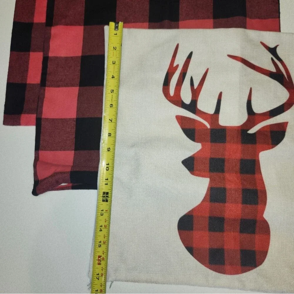 Set Of 3 Red & Black Buffalo Check Pillow Covers, 2 Plain & 1 Reindeer Design